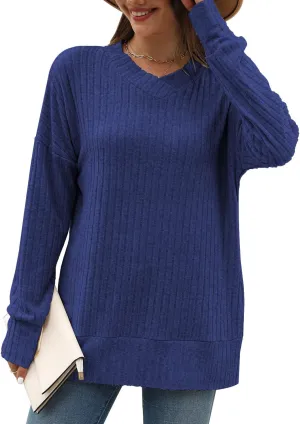 Sweater for Women Top Oversized Fashion Sweater Soft Striped V Neck Long Sleeve Pullover Sweatshirt