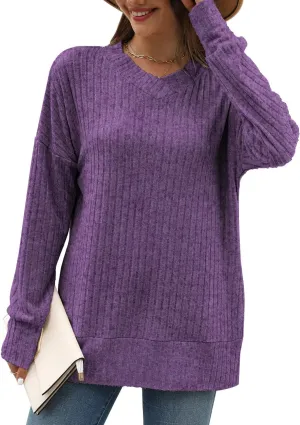 Sweater for Women Top Oversized Fashion Sweater Soft Striped V Neck Long Sleeve Pullover Sweatshirt