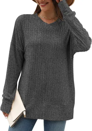 Sweater for Women Top Oversized Fashion Sweater Soft Striped V Neck Long Sleeve Pullover Sweatshirt