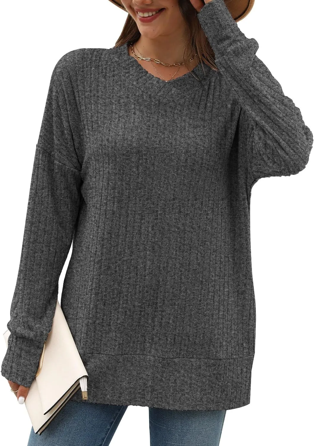 Sweater for Women Top Oversized Fashion Sweater Soft Striped V Neck Long Sleeve Pullover Sweatshirt