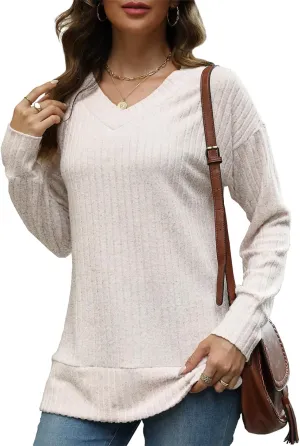 Sweater for Women Top Oversized Fashion Sweater Soft Striped V Neck Long Sleeve Pullover Sweatshirt