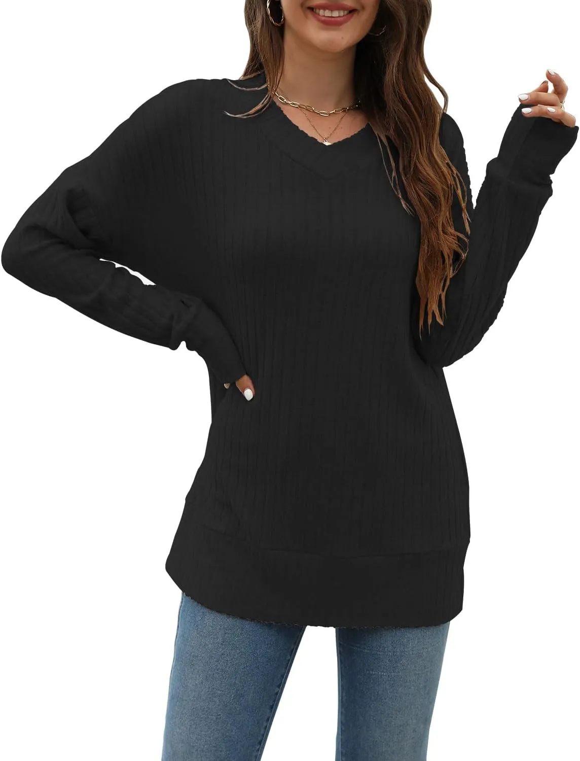 Sweater for Women Top Oversized Fashion Sweater Soft Striped V Neck Long Sleeve Pullover Sweatshirt