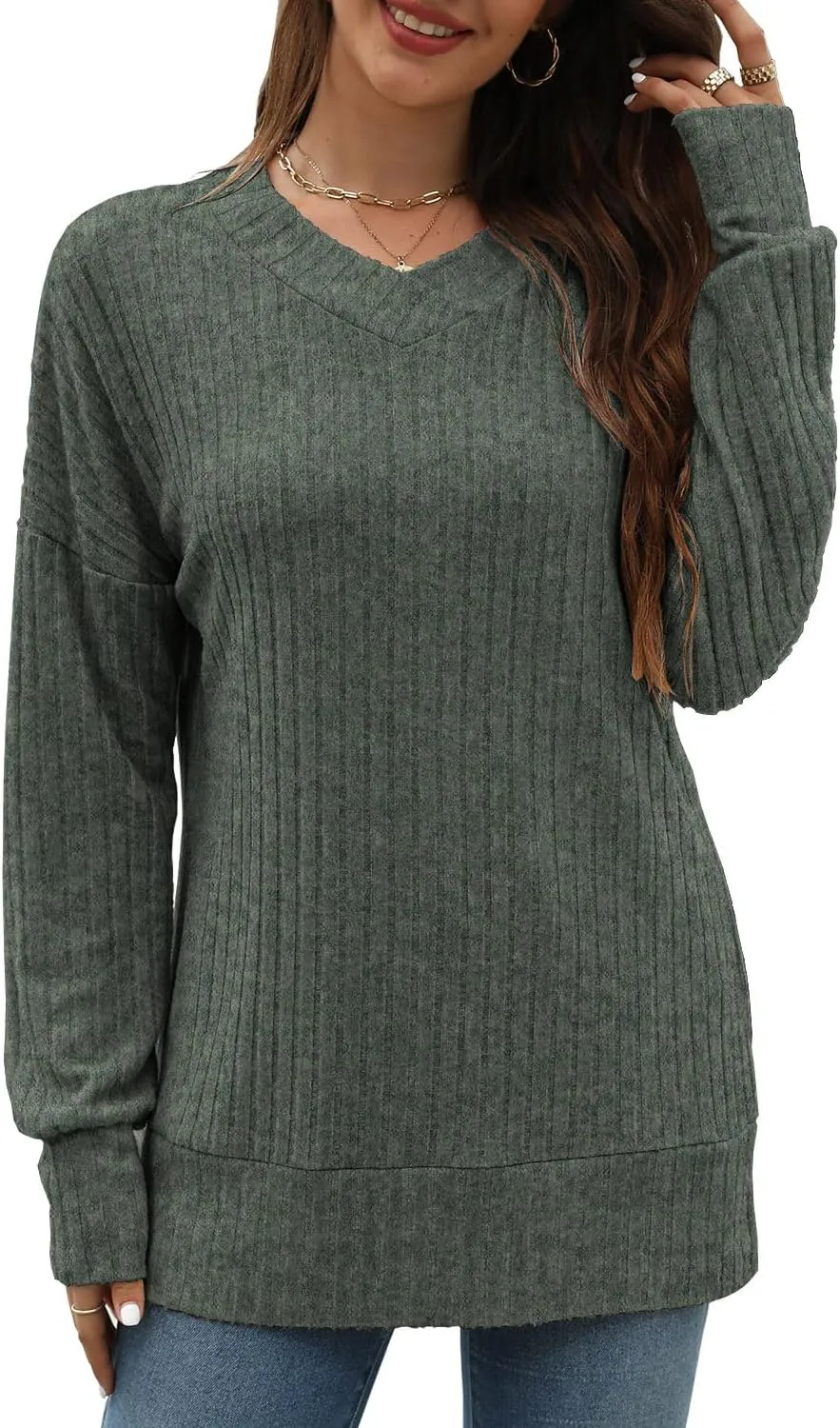 Sweater for Women Top Oversized Fashion Sweater Soft Striped V Neck Long Sleeve Pullover Sweatshirt
