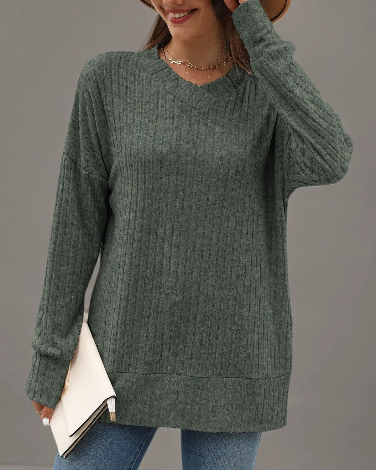 Sweater for Women Top Oversized Fashion Sweater Soft Striped V Neck Long Sleeve Pullover Sweatshirt