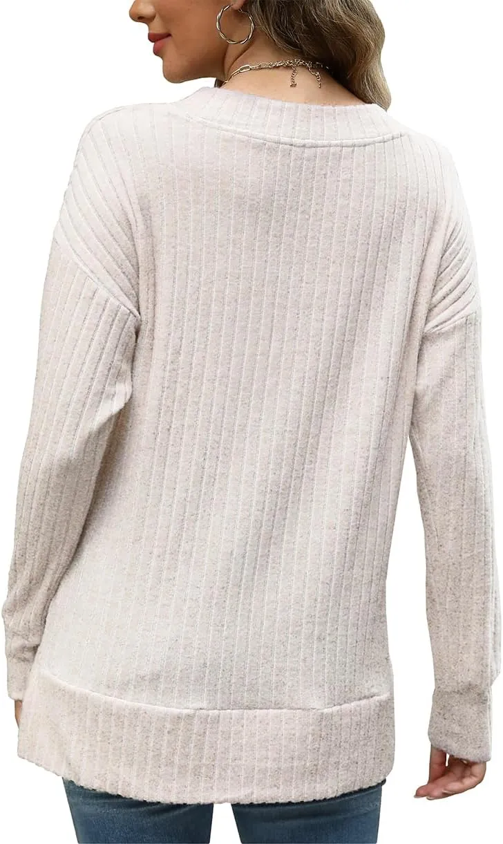 Sweater for Women Top Oversized Fashion Sweater Soft Striped V Neck Long Sleeve Pullover Sweatshirt