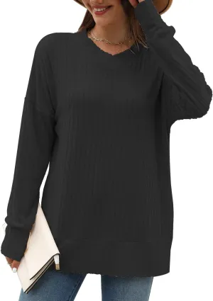 Sweater for Women Top Oversized Fashion Sweater Soft Striped V Neck Long Sleeve Pullover Sweatshirt