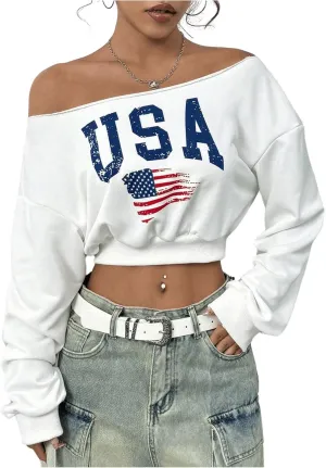 SweatyRocks Women's Off the Shoulder Crop Tops Long Sleeve Letter Graphic Sweatshirts