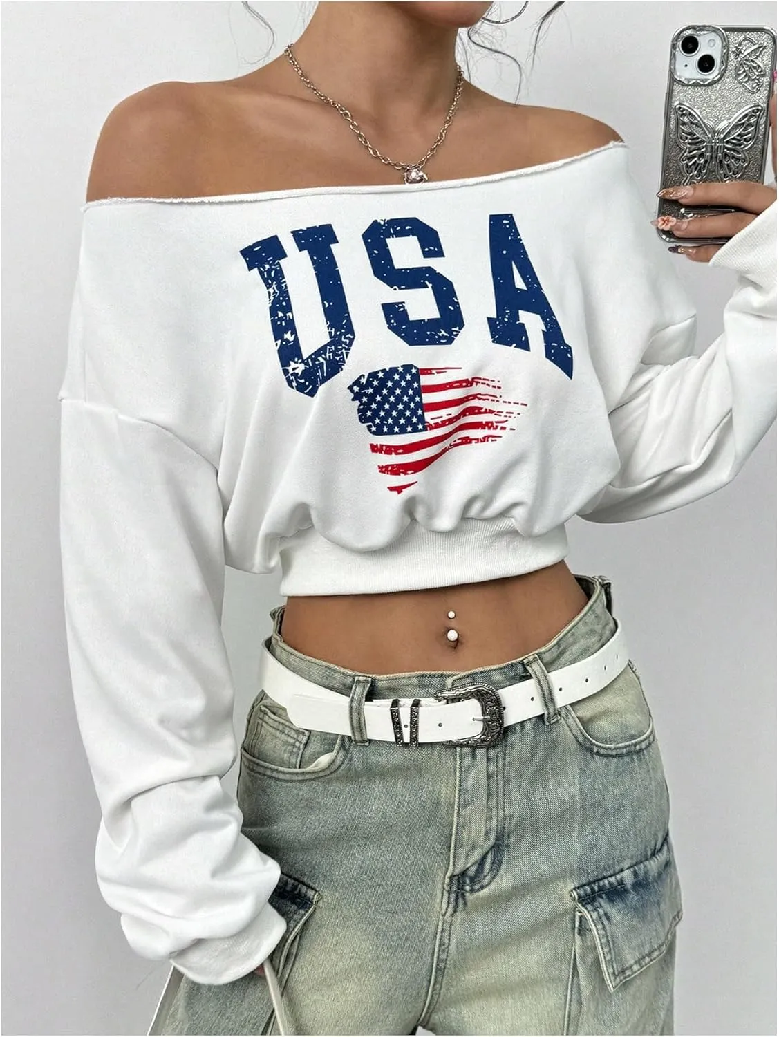 SweatyRocks Women's Off the Shoulder Crop Tops Long Sleeve Letter Graphic Sweatshirts
