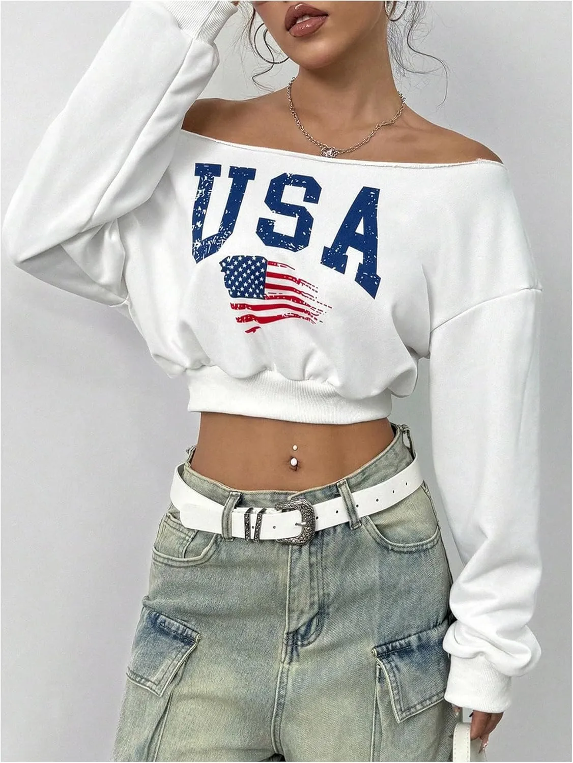 SweatyRocks Women's Off the Shoulder Crop Tops Long Sleeve Letter Graphic Sweatshirts