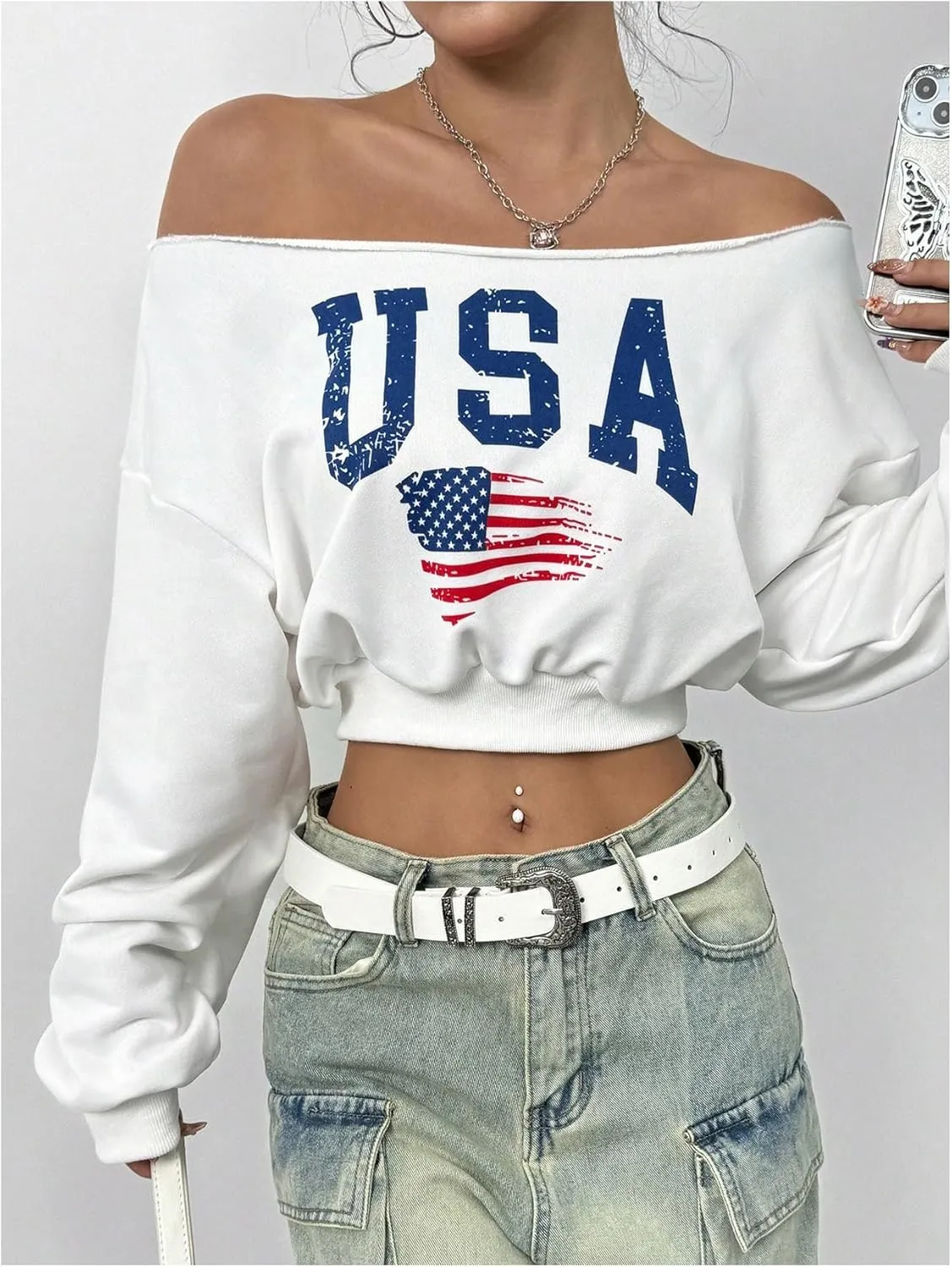 SweatyRocks Women's Off the Shoulder Crop Tops Long Sleeve Letter Graphic Sweatshirts