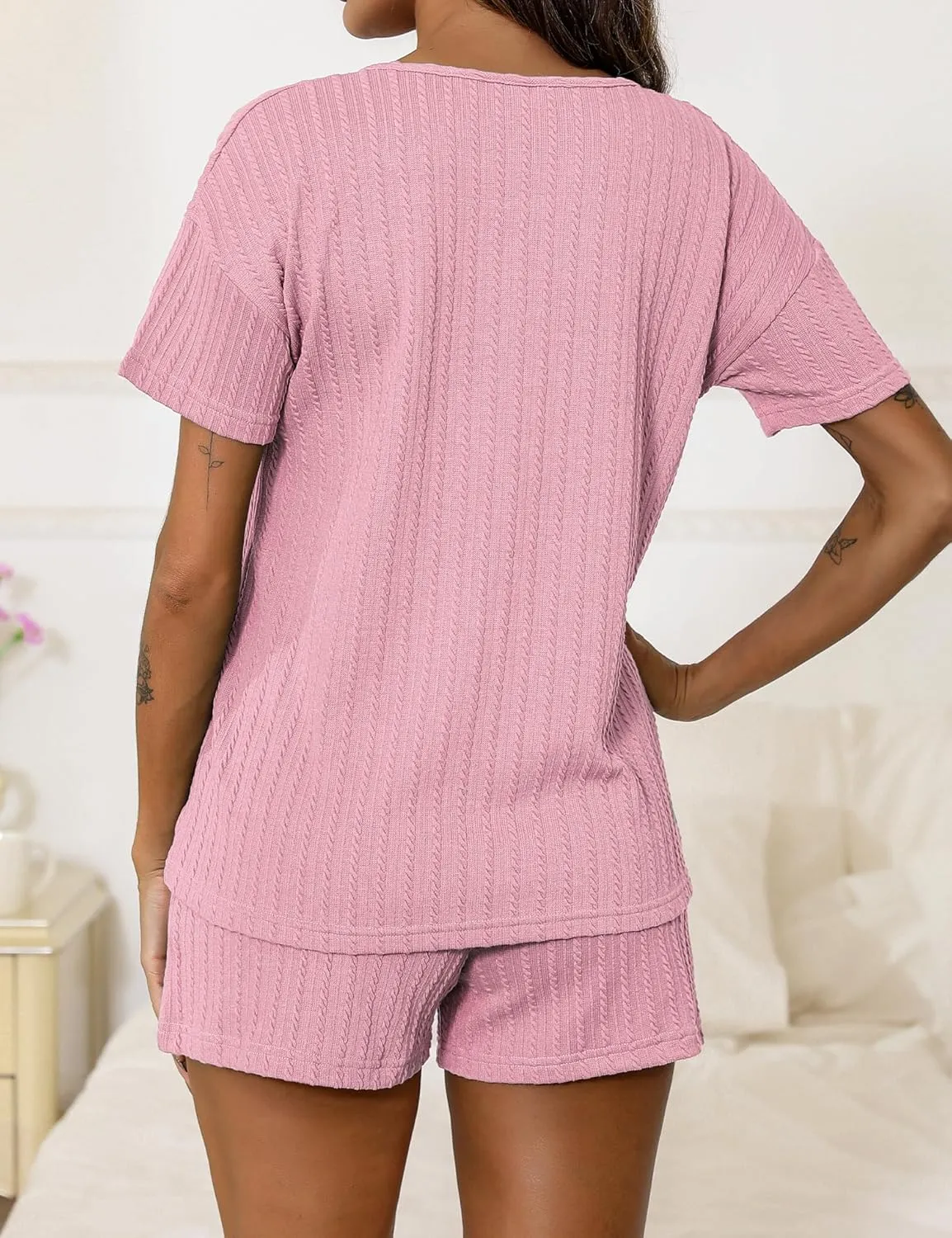 SWOMOG Womens Lounge Sets 2 Piece Ribbed Knit Pajama Set Short Sleeve Top & Shorts Sweatsuit with Pockets