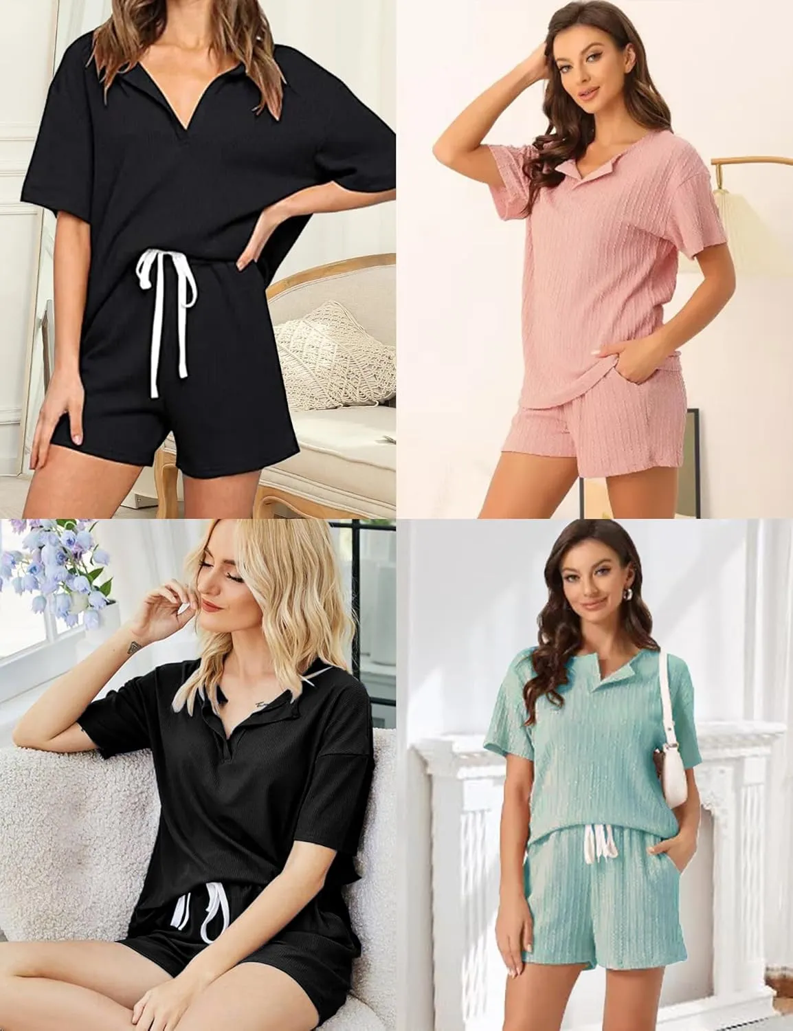 SWOMOG Womens Lounge Sets 2 Piece Ribbed Knit Pajama Set Short Sleeve Top & Shorts Sweatsuit with Pockets