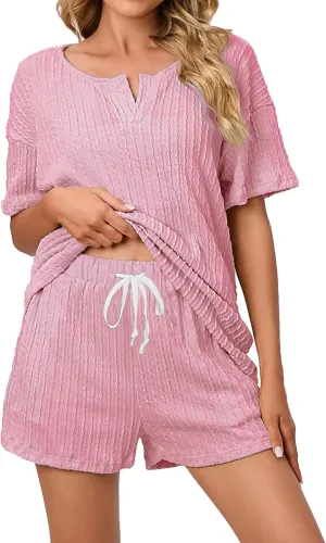SWOMOG Womens Lounge Sets 2 Piece Ribbed Knit Pajama Set Short Sleeve Top & Shorts Sweatsuit with Pockets