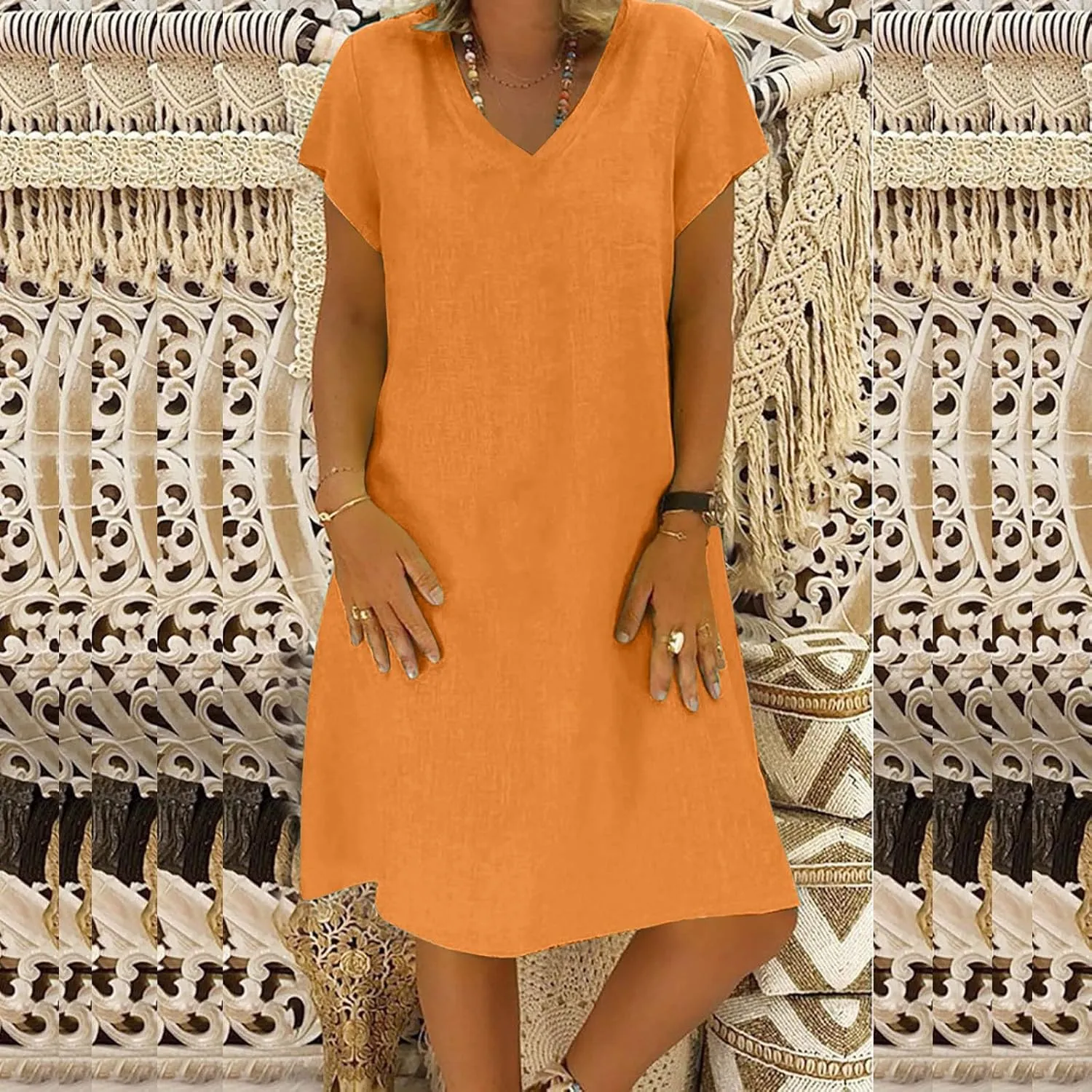 TANGNADE Women Summer Cotton Linen Midi Dresses V Neck Short Sleeve Causal Loose Beach Cover Ups Tshirt Sundress