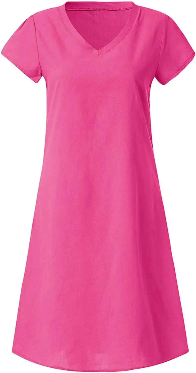 TANGNADE Women Summer Cotton Linen Midi Dresses V Neck Short Sleeve Causal Loose Beach Cover Ups Tshirt Sundress