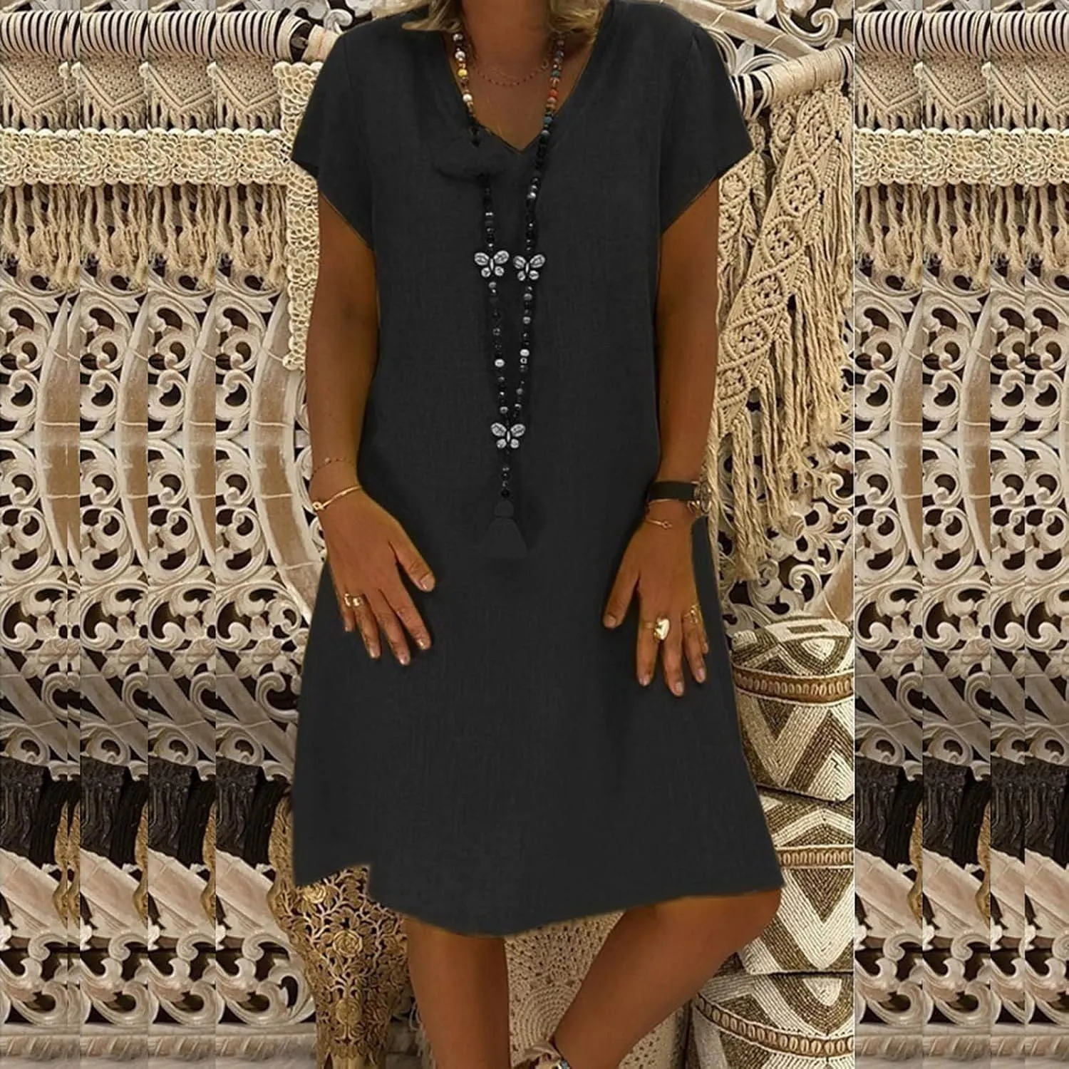 TANGNADE Women Summer Cotton Linen Midi Dresses V Neck Short Sleeve Causal Loose Beach Cover Ups Tshirt Sundress
