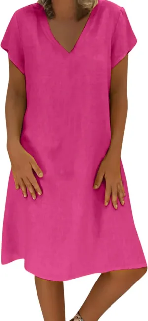 TANGNADE Women Summer Cotton Linen Midi Dresses V Neck Short Sleeve Causal Loose Beach Cover Ups Tshirt Sundress