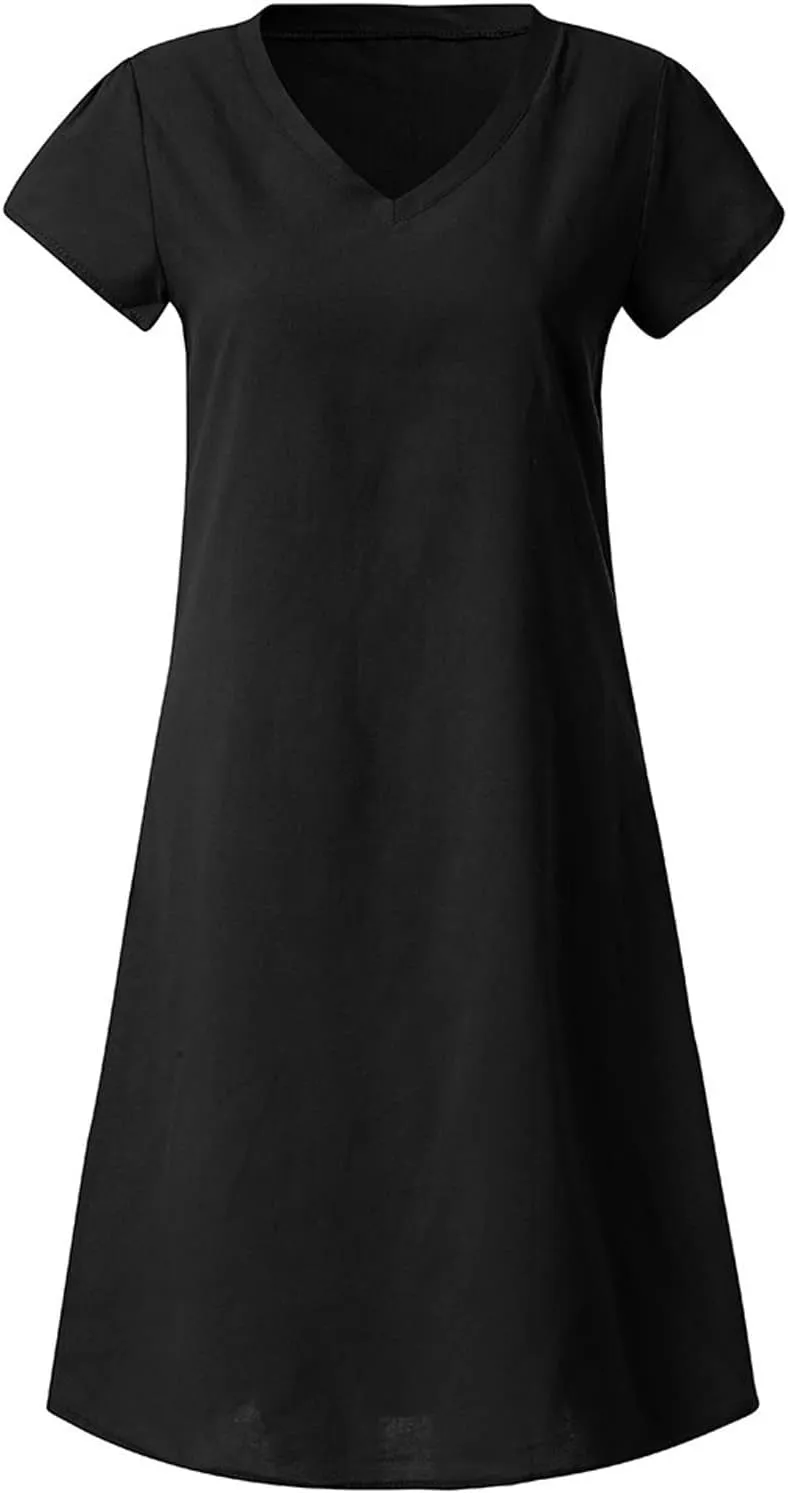 TANGNADE Women Summer Cotton Linen Midi Dresses V Neck Short Sleeve Causal Loose Beach Cover Ups Tshirt Sundress