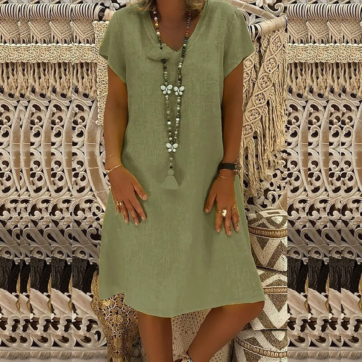 TANGNADE Women Summer Cotton Linen Midi Dresses V Neck Short Sleeve Causal Loose Beach Cover Ups Tshirt Sundress