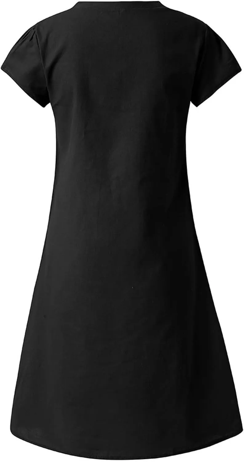 TANGNADE Women Summer Cotton Linen Midi Dresses V Neck Short Sleeve Causal Loose Beach Cover Ups Tshirt Sundress