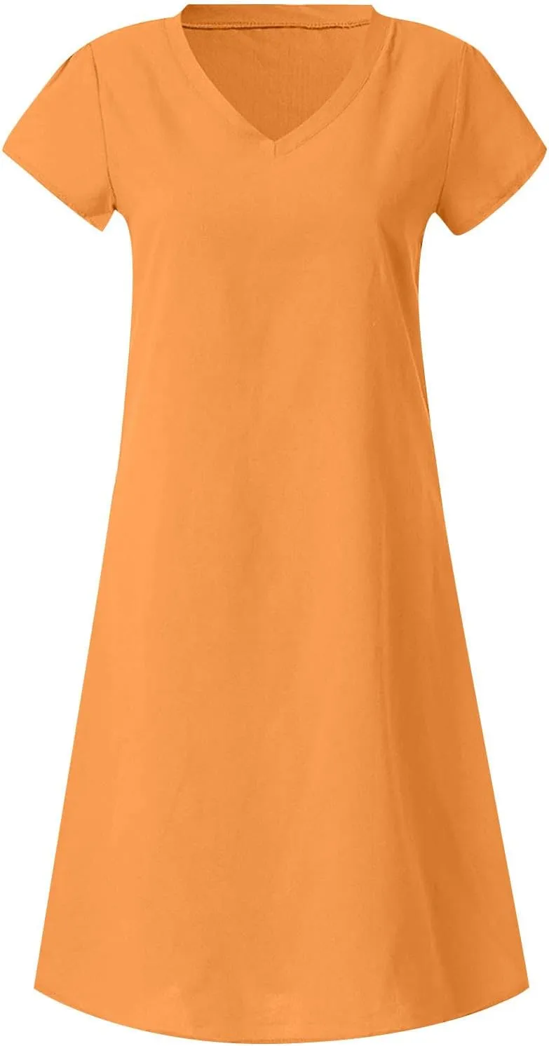 TANGNADE Women Summer Cotton Linen Midi Dresses V Neck Short Sleeve Causal Loose Beach Cover Ups Tshirt Sundress