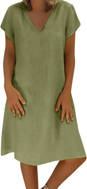TANGNADE Women Summer Cotton Linen Midi Dresses V Neck Short Sleeve Causal Loose Beach Cover Ups Tshirt Sundress