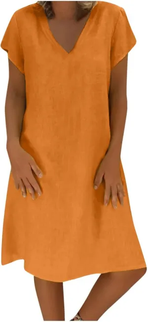 TANGNADE Women Summer Cotton Linen Midi Dresses V Neck Short Sleeve Causal Loose Beach Cover Ups Tshirt Sundress