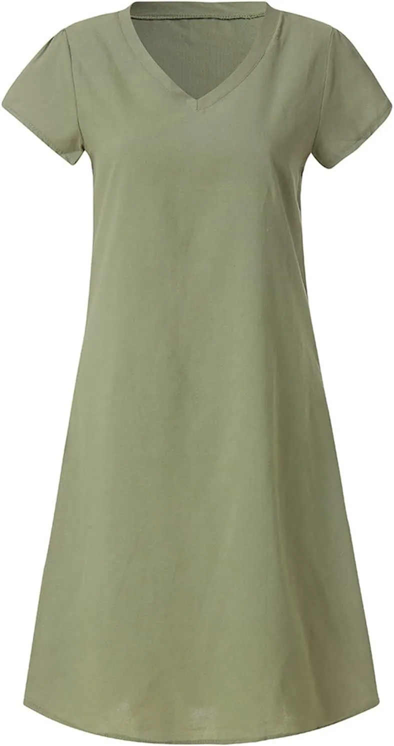TANGNADE Women Summer Cotton Linen Midi Dresses V Neck Short Sleeve Causal Loose Beach Cover Ups Tshirt Sundress