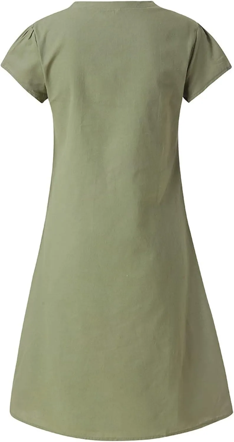 TANGNADE Women Summer Cotton Linen Midi Dresses V Neck Short Sleeve Causal Loose Beach Cover Ups Tshirt Sundress