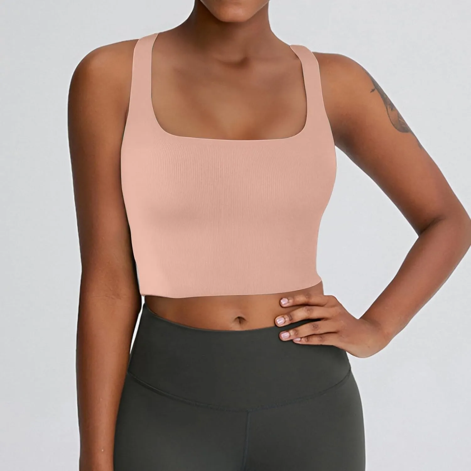 Tank Tops for Women-Women’s Sexy Square Neck Double Lined Seamless Sleeveless Cropped Tank Yoga Crop Basic Tops