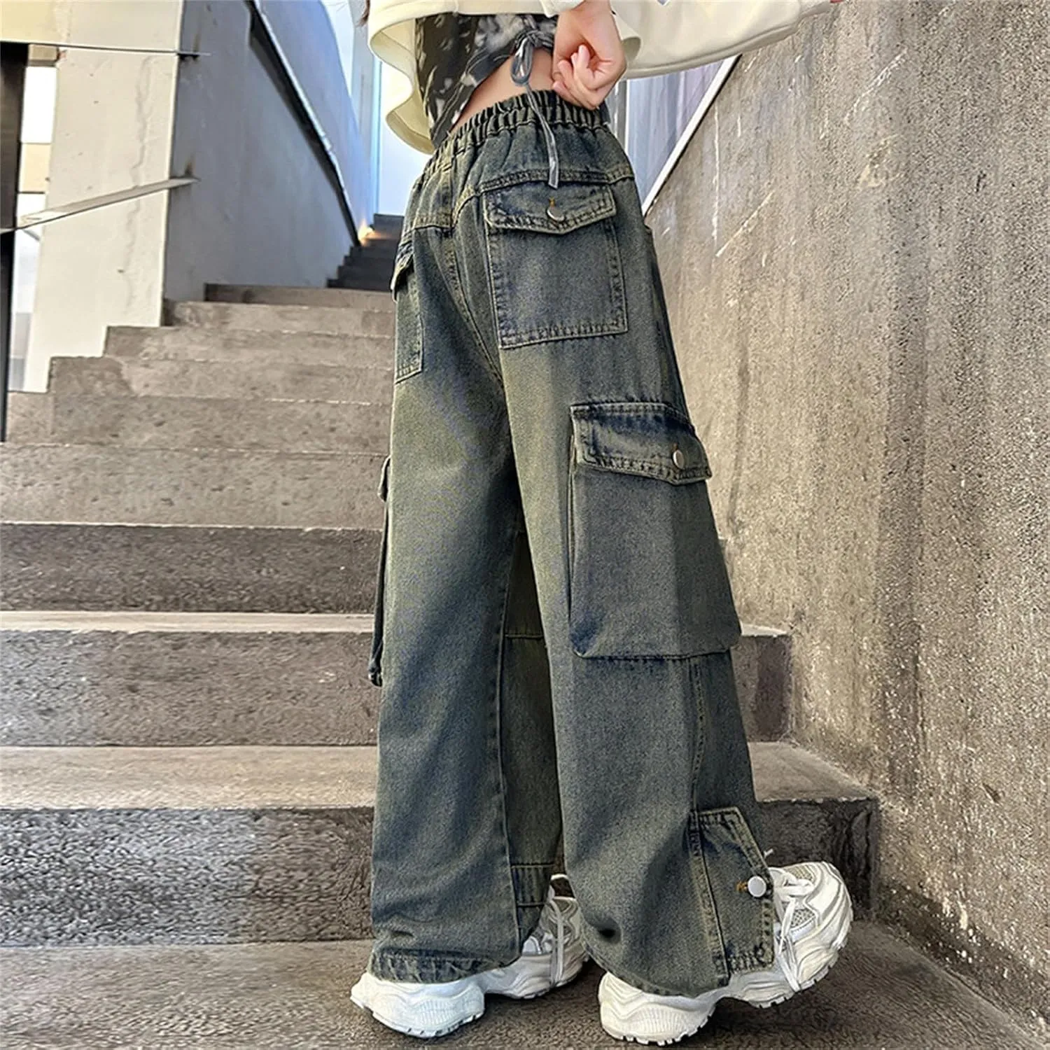 Teens Girls Wide Leg Baggy Jeans Children Kids Distressed Washed High Waisted Elastic Vintage Retro Jeans with Pockets