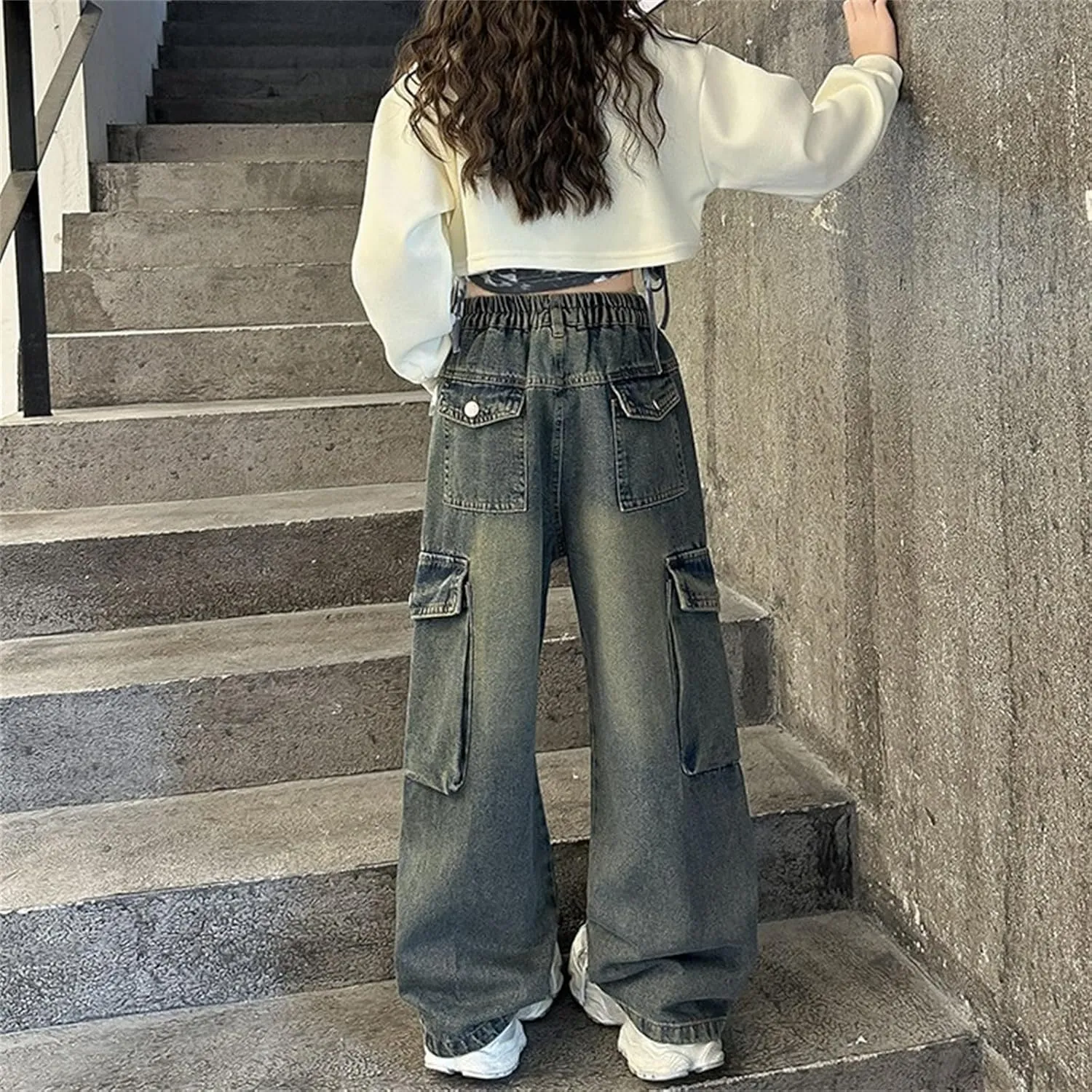 Teens Girls Wide Leg Baggy Jeans Children Kids Distressed Washed High Waisted Elastic Vintage Retro Jeans with Pockets
