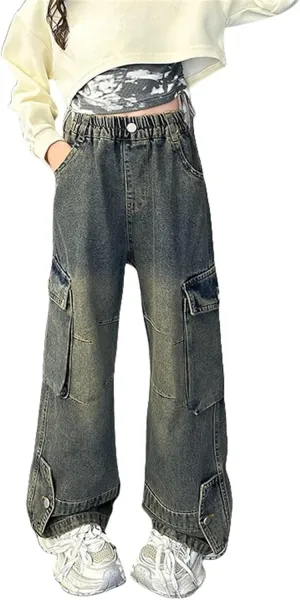 Teens Girls Wide Leg Baggy Jeans Children Kids Distressed Washed High Waisted Elastic Vintage Retro Jeans with Pockets