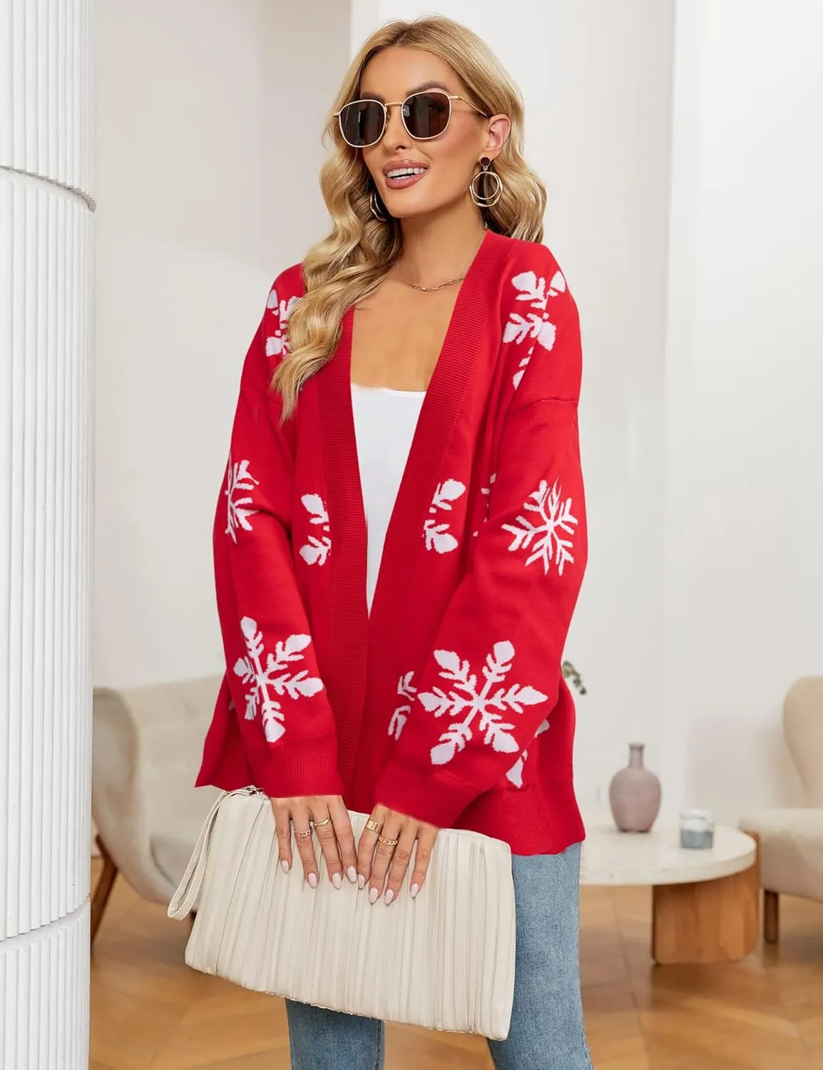 Ugly Christmas Sweater Christmas Cardigan Checkered Sweaters Knit Cardigans for Women Xmas Open Front Outwear Coat