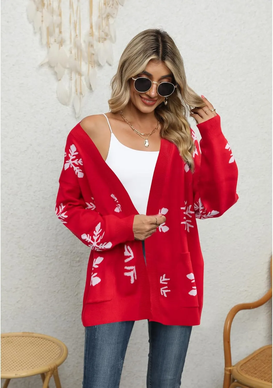 Ugly Christmas Sweater Christmas Cardigan Checkered Sweaters Knit Cardigans for Women Xmas Open Front Outwear Coat