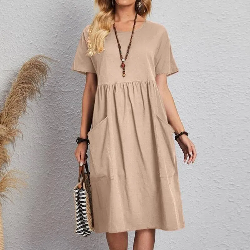 utcoco Womens Summer Cotton Linen T Shirt Dress Casual Loose Fit Crewneck Short Sleeve Midi Dresses with Pockets