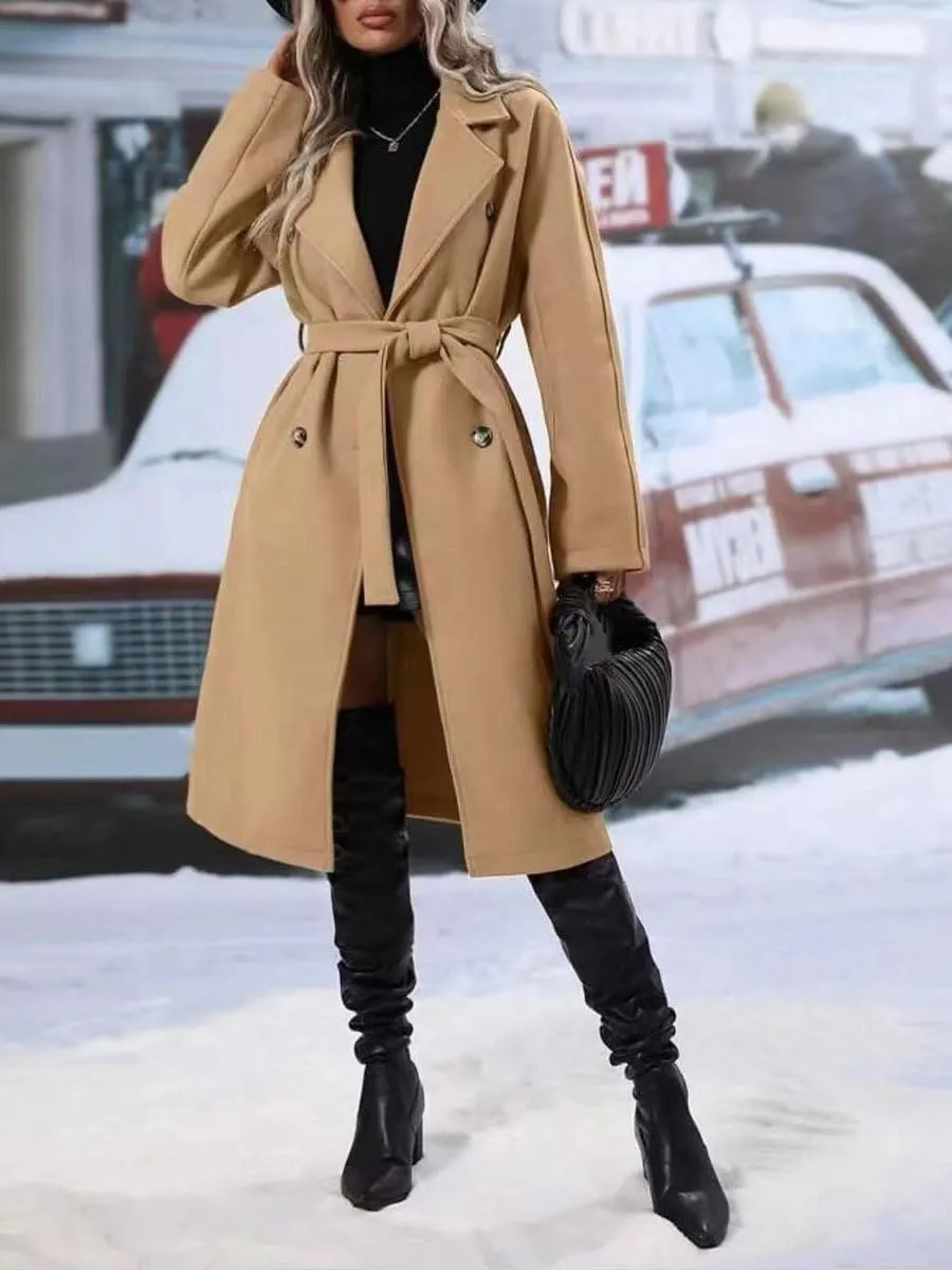 utcoco Women's Trench Coats 2024 Double-Breasted Notch Lapel Long Midi Pea Coat with Belt