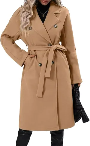 utcoco Women's Trench Coats 2024 Double-Breasted Notch Lapel Long Midi Pea Coat with Belt