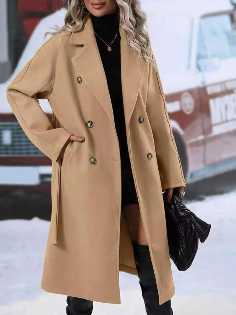 utcoco Women's Trench Coats 2024 Double-Breasted Notch Lapel Long Midi Pea Coat with Belt