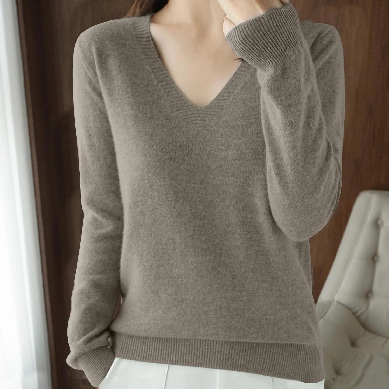 V Neck Cashmere Sweater for Women Fashion Soft Warm Long Sleeve Sweaters Solid Color Lightweight Cozy Trendy Outfits