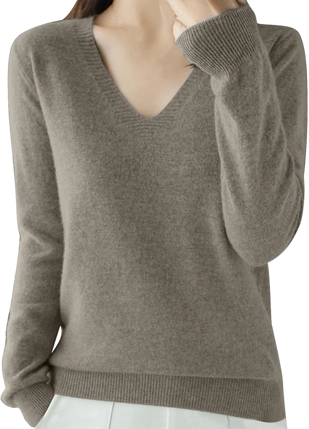 V Neck Cashmere Sweater for Women Fashion Soft Warm Long Sleeve Sweaters Solid Color Lightweight Cozy Trendy Outfits