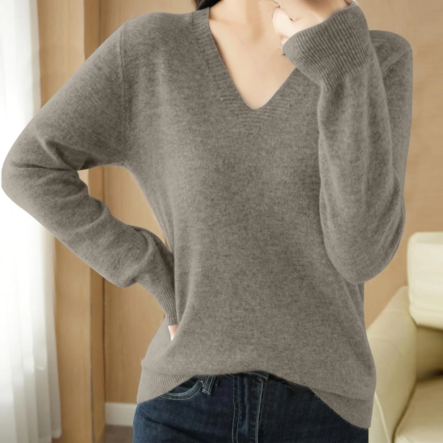 V Neck Cashmere Sweater for Women Fashion Soft Warm Long Sleeve Sweaters Solid Color Lightweight Cozy Trendy Outfits