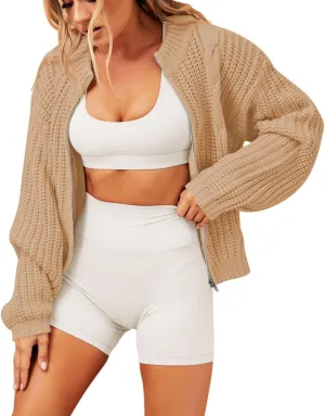 Viottiset Women's Full Zipper Oversized Cardigan Sweater Long Sleeve Chunky Knit Cardigans Jacket Coat