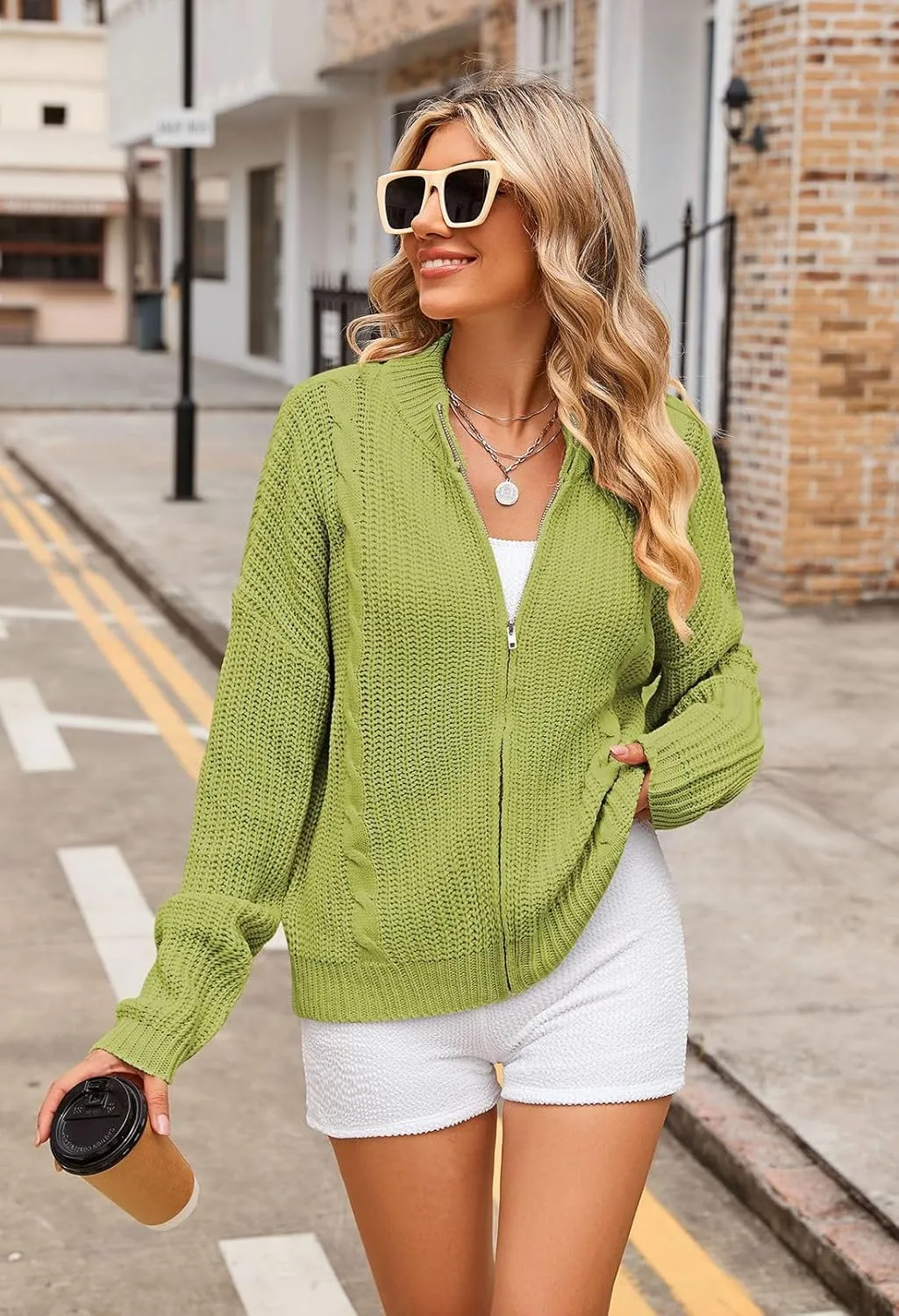 Viottiset Women's Full Zipper Oversized Cardigan Sweater Long Sleeve Chunky Knit Cardigans Jacket Coat