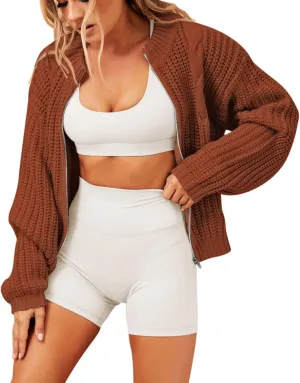 Viottiset Women's Full Zipper Oversized Cardigan Sweater Long Sleeve Chunky Knit Cardigans Jacket Coat