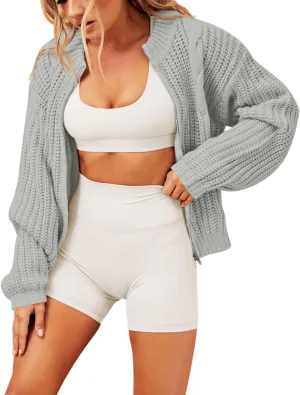 Viottiset Women's Full Zipper Oversized Cardigan Sweater Long Sleeve Chunky Knit Cardigans Jacket Coat