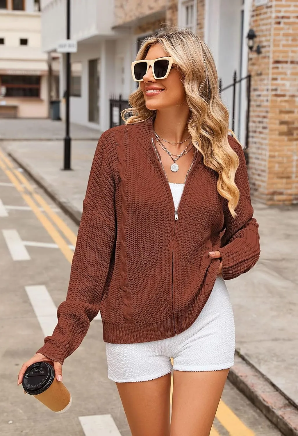 Viottiset Women's Full Zipper Oversized Cardigan Sweater Long Sleeve Chunky Knit Cardigans Jacket Coat