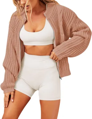 Viottiset Women's Full Zipper Oversized Cardigan Sweater Long Sleeve Chunky Knit Cardigans Jacket Coat