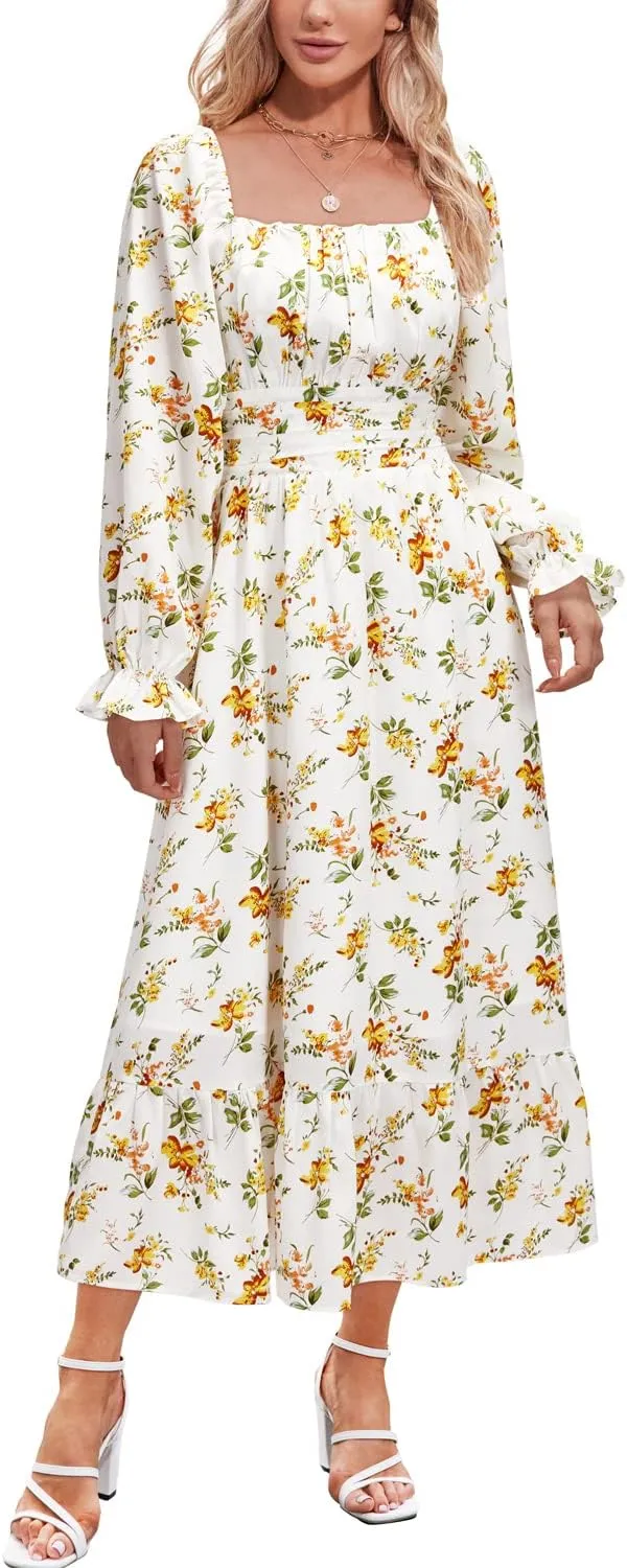 VOTEPRETTY Women's Puff Sleeve Bridal Shower Flowy Tie Back Long Dresses