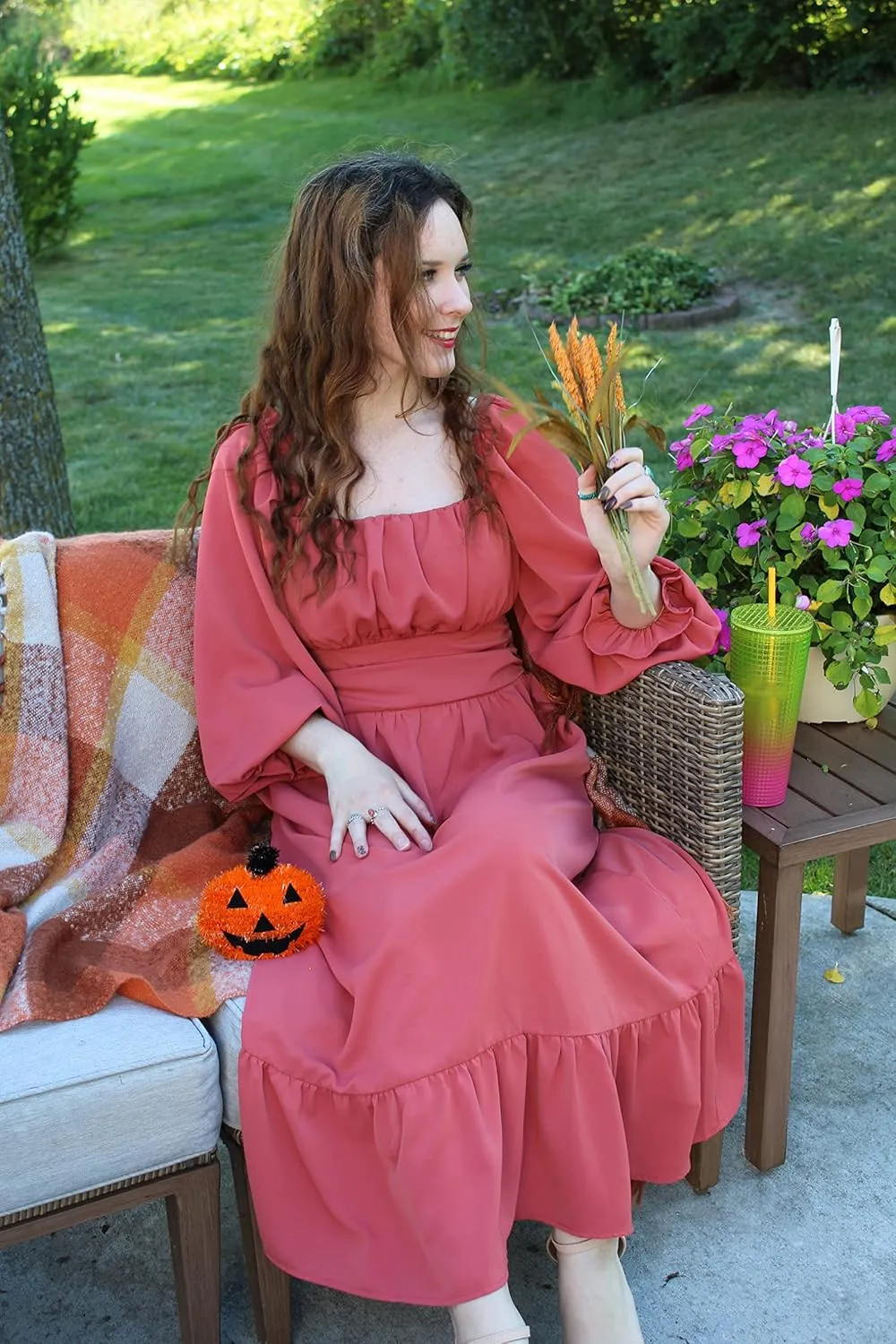VOTEPRETTY Women's Puff Sleeve Bridal Shower Flowy Tie Back Long Dresses